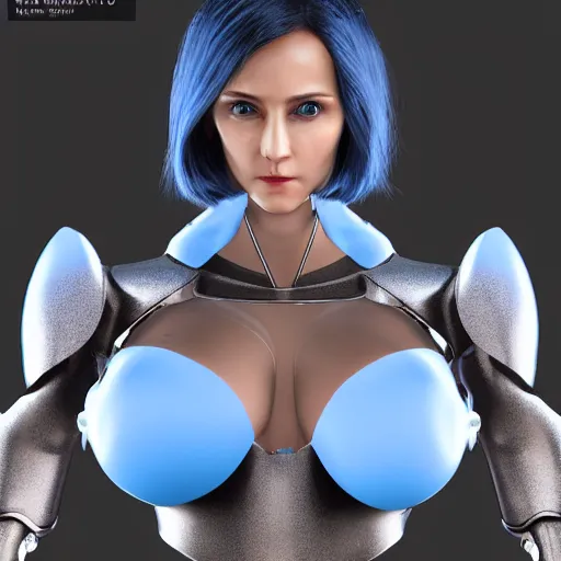 Prompt: womanized humanoid robot made of steel, beautiful face, short blue hair!!!, big breasts, glowing metal wings, anatomically correct, futuristic, glowing details!, symmetrical, unreal engine 5, ray tracing, natural shaders, professional vfx, 8 k, uhd, ultrarealistic, clear, sharp, highly detailed