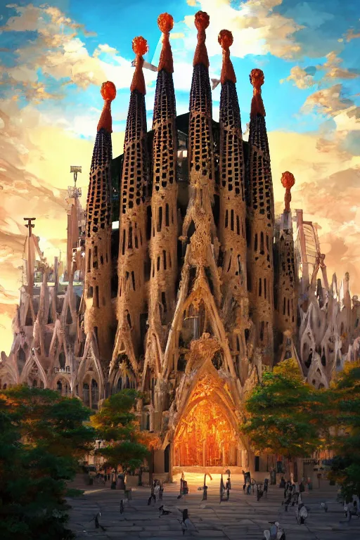 Image similar to sagrada familia cathedral and shiba ， anime fantasy illustration by tomoyuki yamasaki, kyoto studio, madhouse, ufotable, comixwave films, trending on artstation 8 k