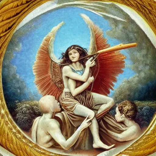 Image similar to angels in a spiral against the sky in the style of Richard Dadd painting