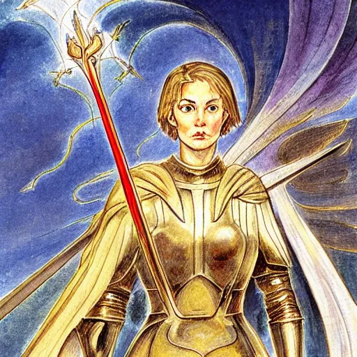 Image similar to beautiful virtuous jeanne d'arc in the style of william blake, terese nielsen,