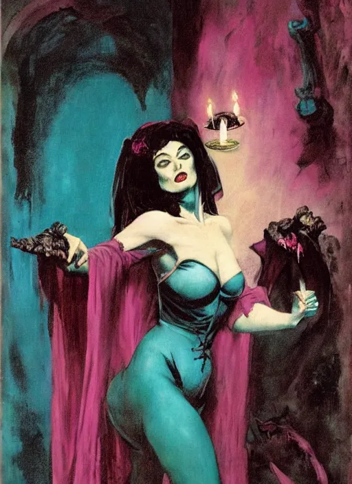 Prompt: portrait of carmilla vampire, gothic horror, by frank frazetta, candlelit catacombs, vibrant colors, teal and magenta