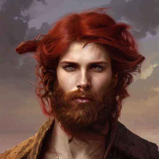 Image similar to portrait of a young ferocious pirate, male, masculine, upper body, red hair, long hair, soft hair, D&D, fantasy, intricate, elegant, highly detailed, digital painting, artstation, concept art, matte, sharp focus, illustration, art by Artgerm and Greg Rutkowski and Alphonse Mucha