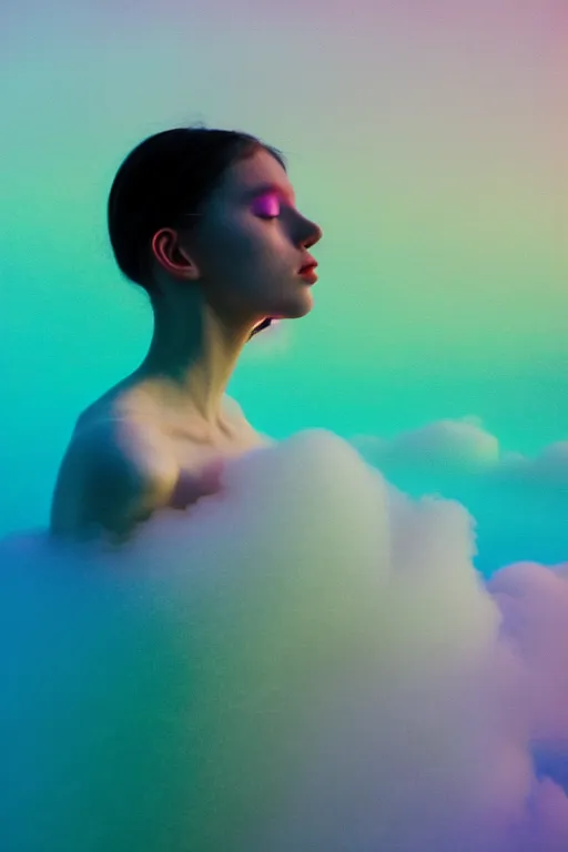 Image similar to high quality pastel coloured film close up wide angle photograph of a model wearing clothing swimming on cloud furniture in a icelandic black rock!! environment in a partially haze filled dreamstate world. three point light, rainbow. photographic production. art directed. pastel colours. volumetric clouds. pastel gradient overlay. waves glitch artefacts. extreme facial clarity. 8 k. filmic.