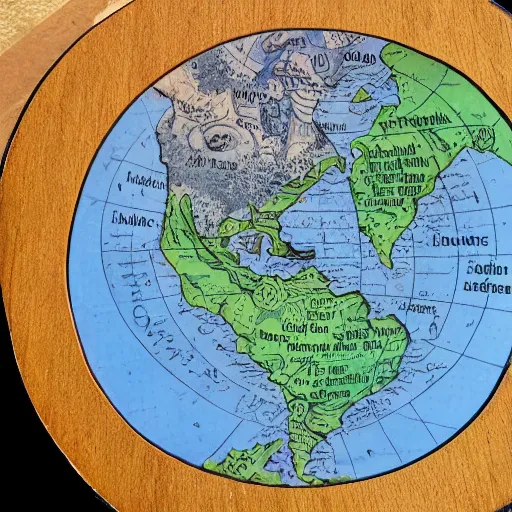 Image similar to a stack of turtles beneath a round disc showing a map of the earth, earth on top