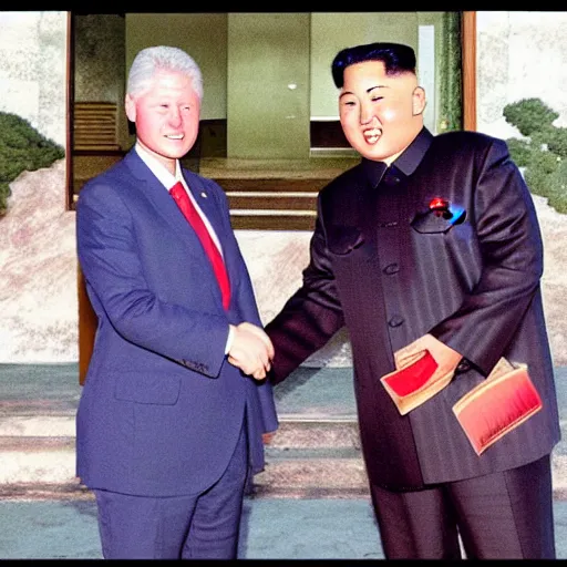 Prompt: bill clinton shaking hands with kim jong un, vhs, old photograph, detailed faces, realistic faces