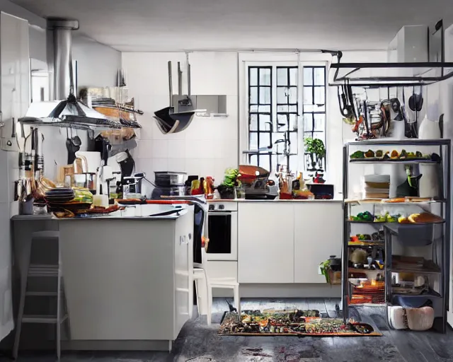 Image similar to IKEA catalogue photo of a cyberpunk farmhouse kitchen, by Alex Grey