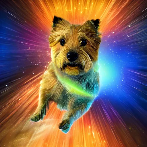 Prompt: A blond Norfolk terrier flying through the universe with an explosion behind it, digital art