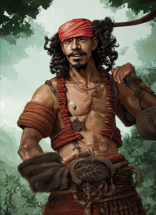 Prompt: a portrait of Usopp the God as a real man, wearing a traditional samurai dress, curly hairs, handsome face, chad, jungle background, intricate, highly detailed, digital painting, artstation, concept art, smooth, sharp focus, illustration, art by Gustave Baumann, matte painting