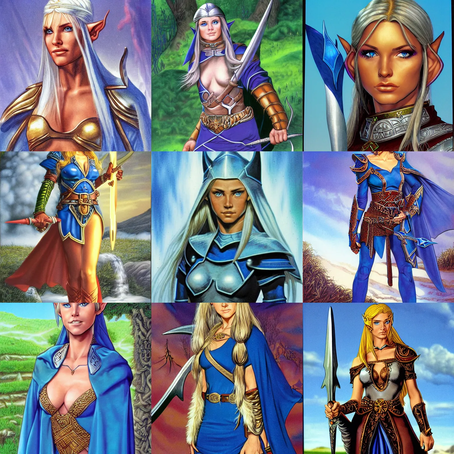 Prompt: elf, female, blue eyes, pointed ears, beautiful, paladin, by Larry Elmore