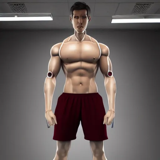 Image similar to a realistic detailed photo of a guy who is an attractive humanoid who is half robot and half humanoid, who is a male android, attractive and handsome jogger, shiny skin, posing like a statue, blank stare, in a factory, on display, showing off his muscles, wearing gym shorts, side view, looking at each other mindlessly