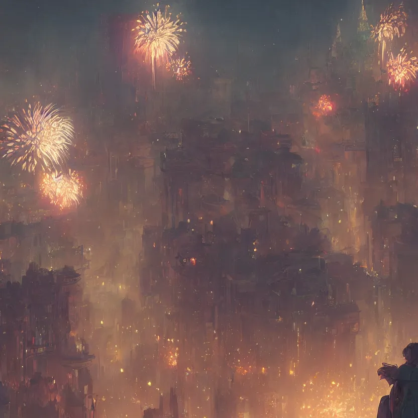 Image similar to firework festival at night, greg rutkowski, krenzcushart, nier automata enviroment concept art, makoto shinkai, alphonse mucha