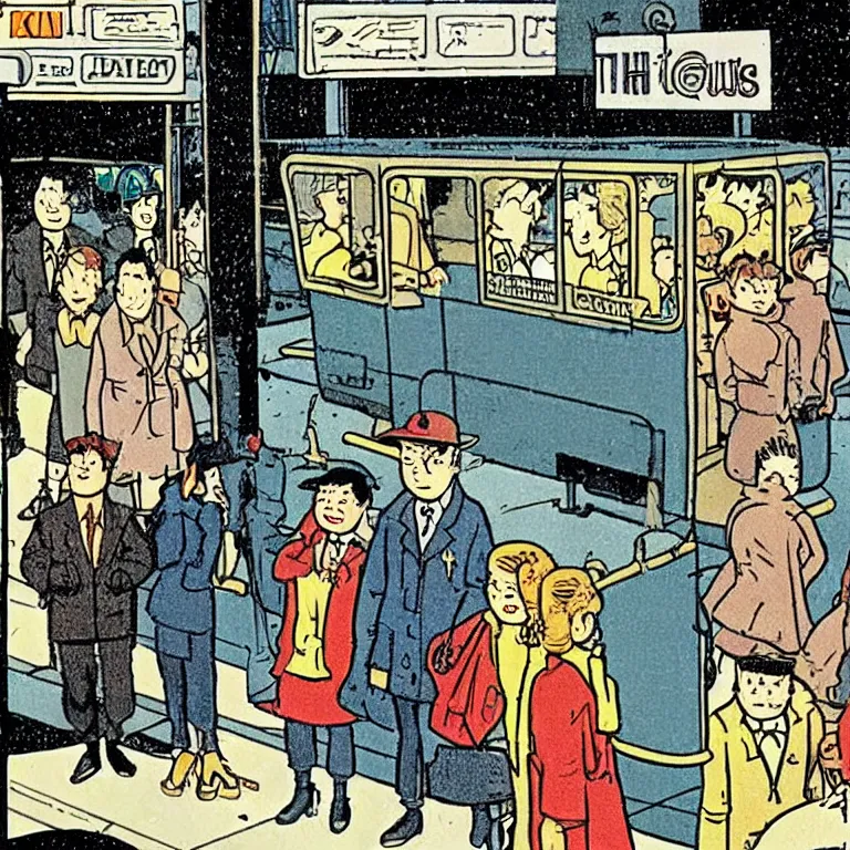 Prompt: some people waiting in bus stop in quiet dark city night, detailed, high quality, high resolution, color illustration by herge in tintin flight 714