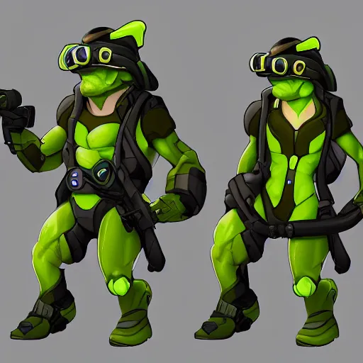 Prompt: geico gecko overwatch hero concept design, trending on artstation