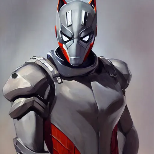 Image similar to greg manchess portrait painting of armored spiderman ultraman grey fox from metal gear cyborg gay japanese - american hybrid as overwatch character, medium shot, asymmetrical, profile picture, organic painting, sunny day, matte painting, bold shapes, hard edges, street art, trending on artstation, by huang guangjian and ail elvgren and sachin teng