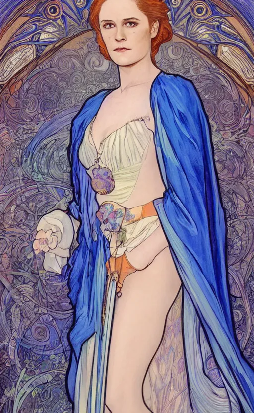 Image similar to delores ( evan rachel wood ) from westworld in blue dress as a goddess in alfons mucha style, highly detailed, pastel colors, smooth lines ， artgerm, artstation