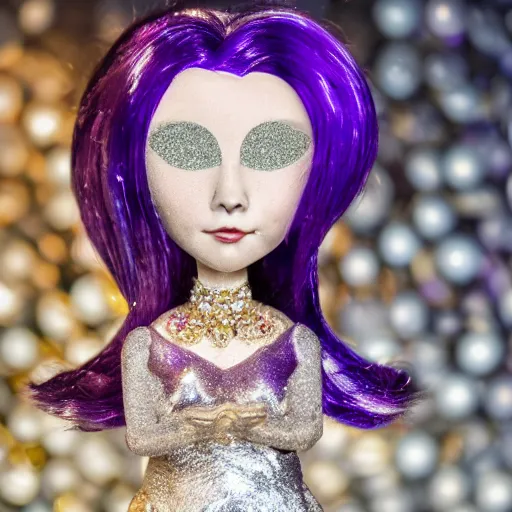 Image similar to Conchur Mac Greagoir with silver-violet hair, white eyes and golden glittery dress, wide lens, diorama, 4k,