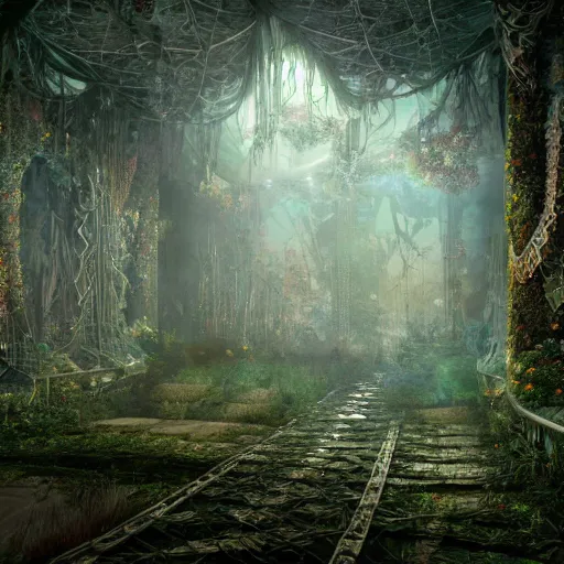 Image similar to biocomputer organs inside a bioneural antique lace in a biomechanical forest with biocomputer flowers, epic environment, matte painting, diffused lighting, highly detailed cinematic, epic atmosphere, diffused lighting, highly detailed digital art, trending on artstation, depth of field, wide angle