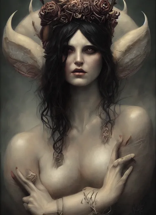 Image similar to a hauntingly beautiful woman with horns, painted by artgerm and tom bagshaw, fantasy art, dramatic lighting, highly detailed oil painting