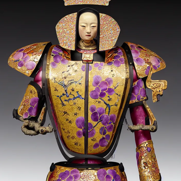 Image similar to ceramic cyborg, Kakiemon design with plums and stylized flowers in glaze and gilding Edo period 1670–1690, armor, diffuse lighting, fantasy, intricate, elegant, highly detailed, lifelike, photorealistic, digital painting, artstation, illustration, concept art, smooth, sharp focus, art by John Collier and Albert Aublet and Krenz Cushart and Artem Demura and Alphonse Mucha