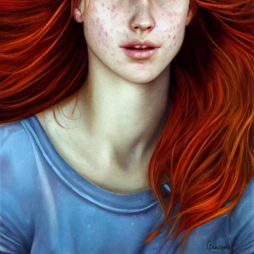 Image similar to a highly detailed, hyper realistic, red haired young woman, among golden fireflies, with long hair, green eyes, hint of freckles, round gentle face, tilted head, cheeky smile, deep focus, elegant, digital painting, smooth, sharp focus, golden ratio, illustration, ultra realistic, 8 k, art by artgerm and caravaggio