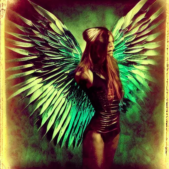 Prompt: crystal wings, waporwave polaroid, a greg rutkowsi photograph, devianart, metal acid deep colors, fallen angel of death, love broken