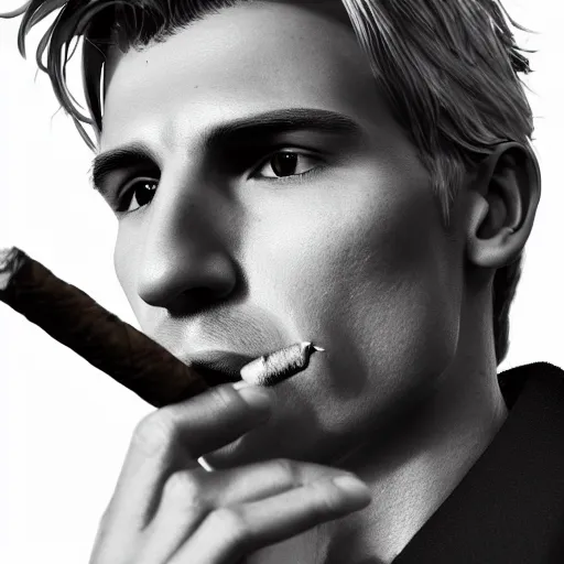 Image similar to a closeup photo of handsome gigachad xqc smoking a cigar, 8k photorealism, extremly detailed, trending on artstation