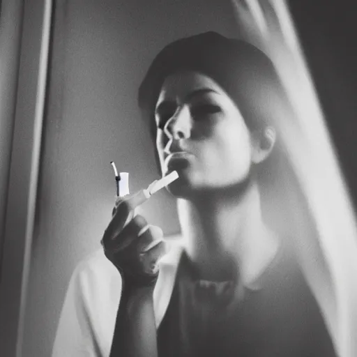 Prompt: black and white photo of a woman smoking a cigarette by the window