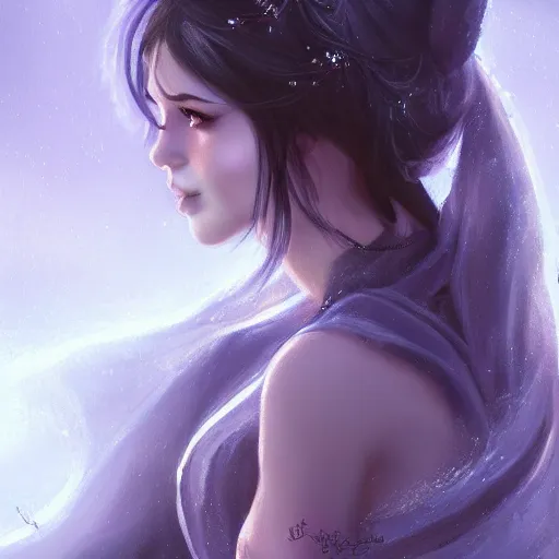 Prompt: beautiful girl, whimsical portrait, ice magic, dark hair, dark robe, intricate, elegant, highly detailed, cgsociety, trending on artstation, dnd, castle background, warm light, concept art, illustration