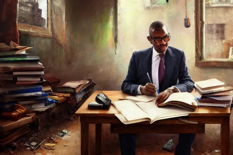Prompt: a beautiful 8 k photorealistic masterpiece oil painting, professor in a fancy suit writing a book in a slum, hyperrealism, 1 6 k, trending on artstation