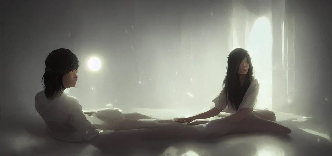 Prompt: Young Himalayan woman concerned in an empty room using psychic powers to make a lighter float| night time scene, plain walls |somber white eyes, long messy hair | gentle lighting, futuristic, dim lighting, digital art by Makoto Shinkai ilya kuvshinov and Wojtek Fus, digital art, concept art,