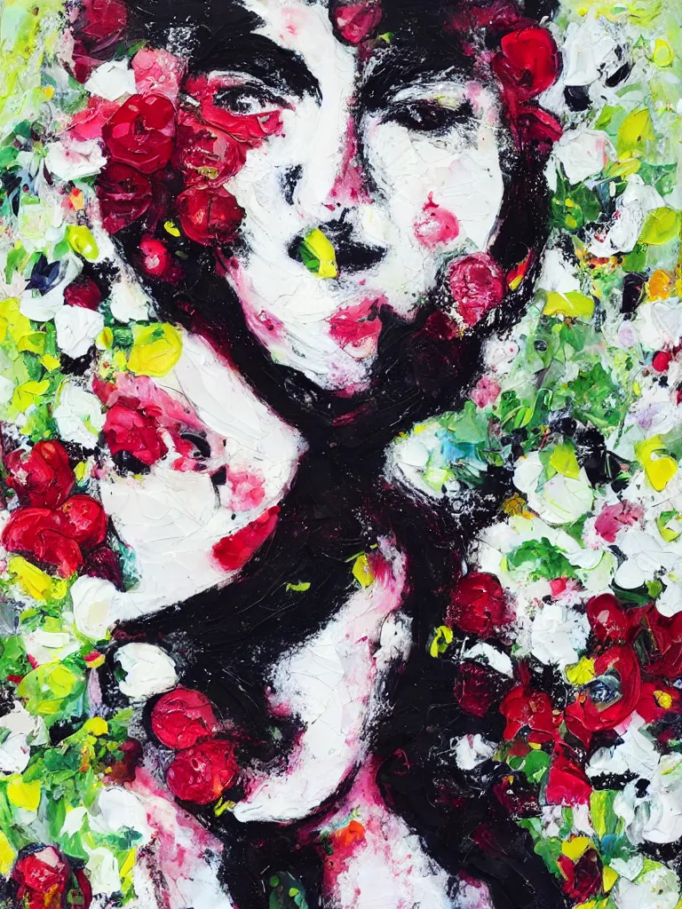 Image similar to “organic, portrait of a woman wearing white silk, neoexpressionist, eating luscious fresh raspberries and strawberries and blueberries, edible flowers, black background, acrylic and spray paint and wax and oilstick on canvas”