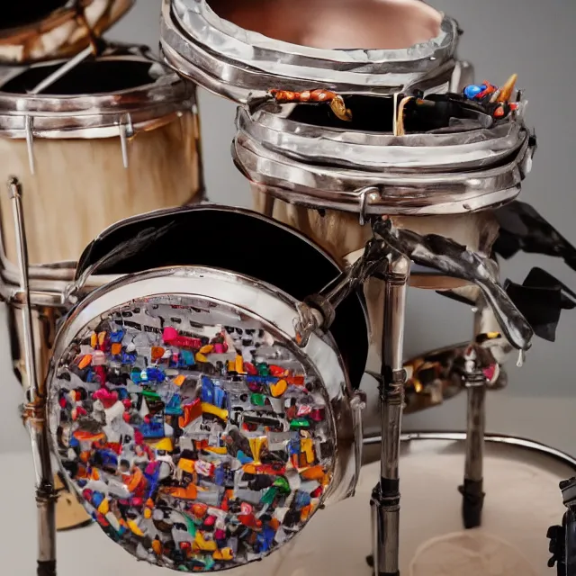 Prompt: a 4 k photograph of a birthday cake sculpture of a drum set