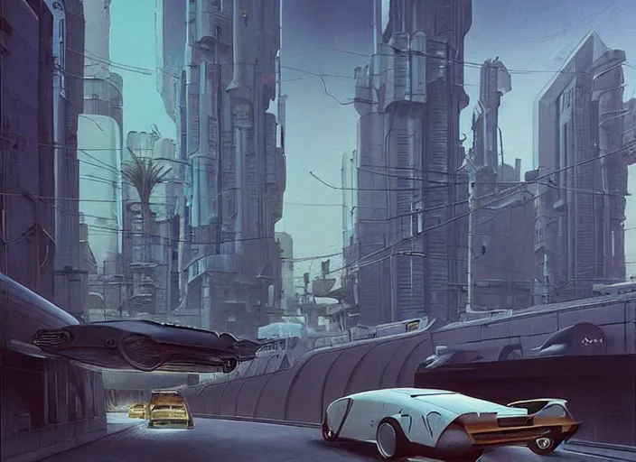 Image similar to a car! driving down a street next to tall buildings, cyberpunk art by Chesley Bonestell, cgsociety, retrofuturism, matte painting, reimagined by industrial light and magic