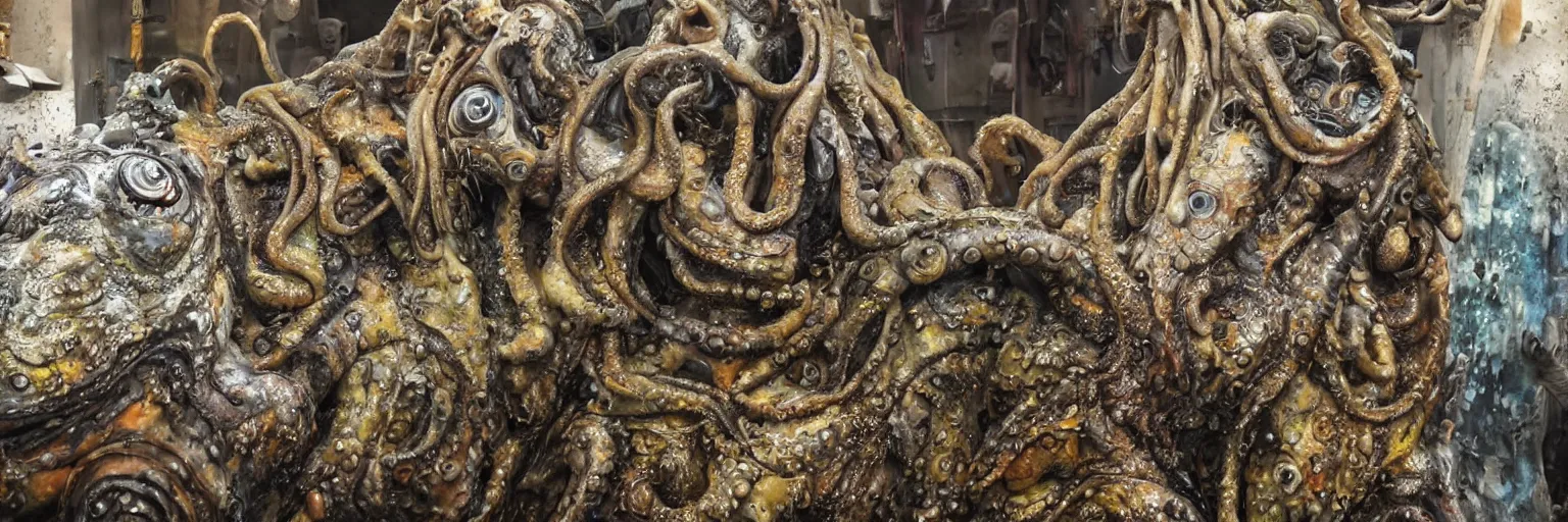 Image similar to low wide angle photo taken of an epic intricate, ultra detailed, super realistic gritty, hero prop, exquisitely painted animatronic movie prop of a wet slimy grotesque nightmarish hellish mutant cephalopod creature displayed in the workshop, created by weta workshop, full body shot, photorealistic, sharp focus