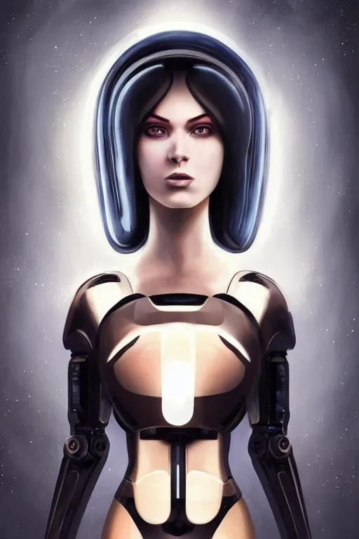 Image similar to a beautiful image of a futuristic female android with a mechanical mecha body and a beautiful female human face, body mostly black metal with internal lights glowing inside, symmetrical and realistic proportions by Irakli Nadar, tom bagshaw, Charlie Bowater with details by Jason Felix, furio tedeschi, face by ilya kuvshinov, artgerm, cinematic backlit lighting, detailed, intricate, beauty retouch, elite, photo realistic, octane render, hyper real, ultra detailed, trending on artstation pinterest and deviantart