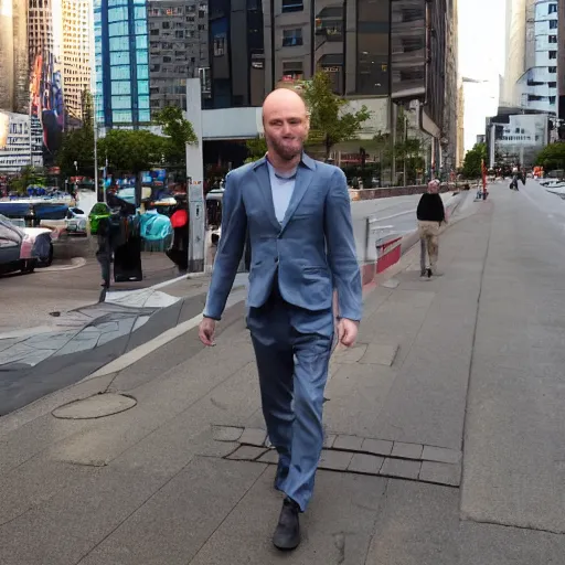 Image similar to A giant balding, white, ginger man walking through the city