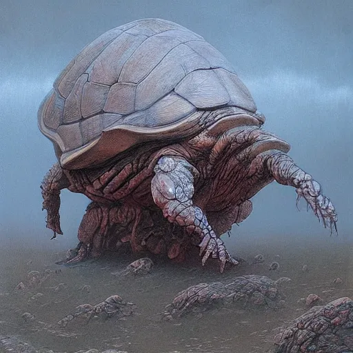 Prompt: tortoise monstrous screaming in agony dark fantasy, intricate, smooth, artstation, painted by Wayne Barlowe, zdislav beksinski