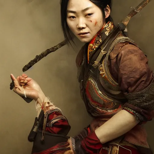 Image similar to portrait painting of a bloodied north chinese female butcher, ultra realistic, concept art, intricate details, eerie, highly detailed, photorealistic, octane render, 8 k, unreal engine. art by artgerm and greg rutkowski and alphonse mucha