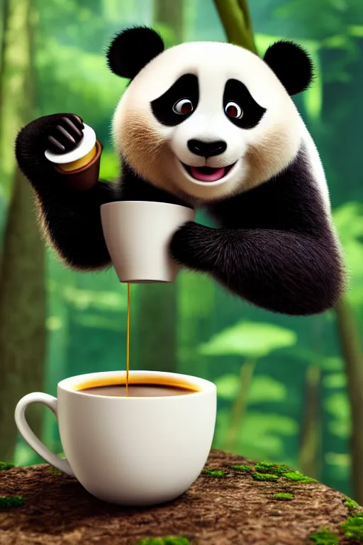 Image similar to a cute panda with big eyes looking at a cup of coffee in the forest. Pixar Disney 4K 3d render funny animation movie Oscar winning trending on ArtStation and Behance. Ratatouille style.