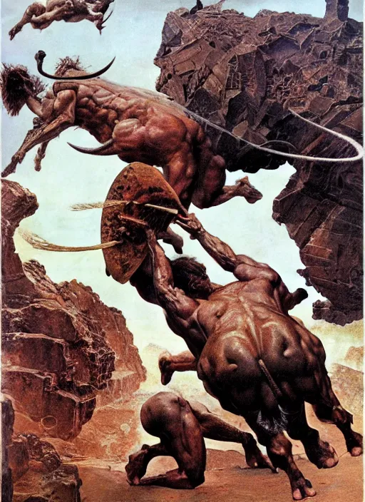 Prompt: a massive minotaur rages, smashes, by boris vallejo and lawrence alma-tadema and zdzislaw beksinski and norman rockwell and jack kirby, artstation