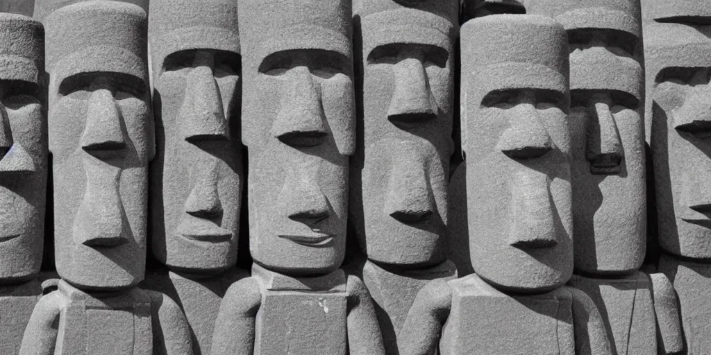 Image similar to charcoal drawing of easter island heads in the shape of lego people