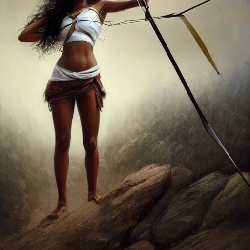 Image similar to artstation concept of a beautiful girl holding a bow and arrow, brown skin, sweaty skin, symmetrical face, casual white garment, white desert background, shiny colorful, hyperdetailed, artstation trending, world renowned artists, worth1000.com, cgsociety, by greg rutkowski, by Gustave Doré, Deviantart