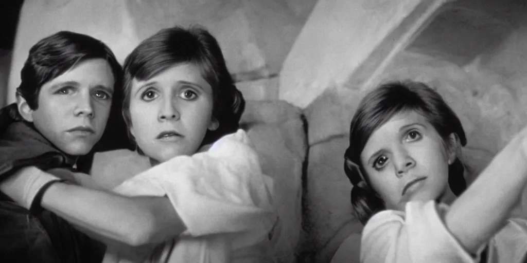 Image similar to film still of carrie fisher and mark hamill as children in new star wars movie, dramatic lighting, highly detailed face, kodak film, wide angle shot,