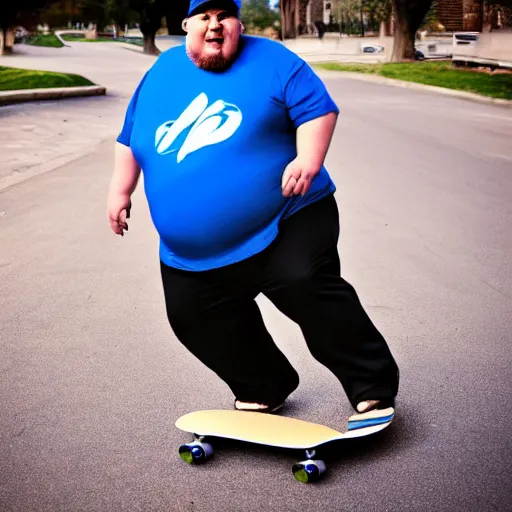 Image similar to very obese man with a t-shirt and blue cap with the letter P, skateboarding