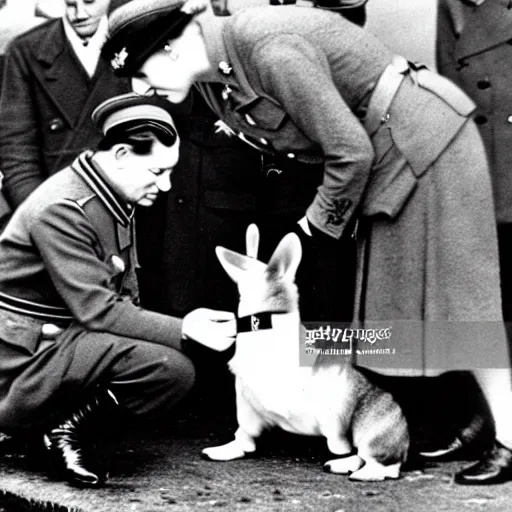 Prompt: ultra wide 1 9 4 6 blurry historical photo of a single german general kneeling to pet a corgi, a young queen elizabeth watches him, french village exterior, highly detailed, sharp focus