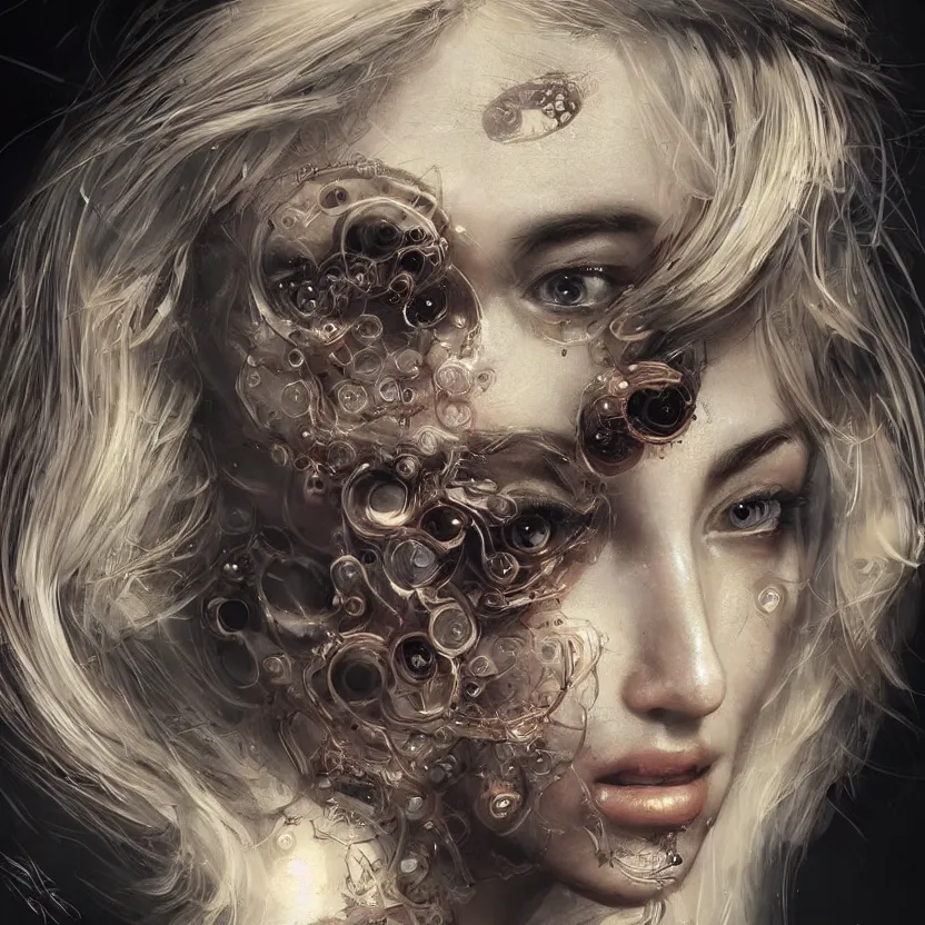 Image similar to a highly detailed photo of very intricate female face portrait, futurism, rococo cyber neon lighting, detailed futuristic fibonacci jewelry, profile posing, hyper photorealistic, crispy quality, digital photography, trending in pinterest, cinematic, 4 k ultra hd, art by pascal blanche, art by greg rutkowski, art by artgerm,