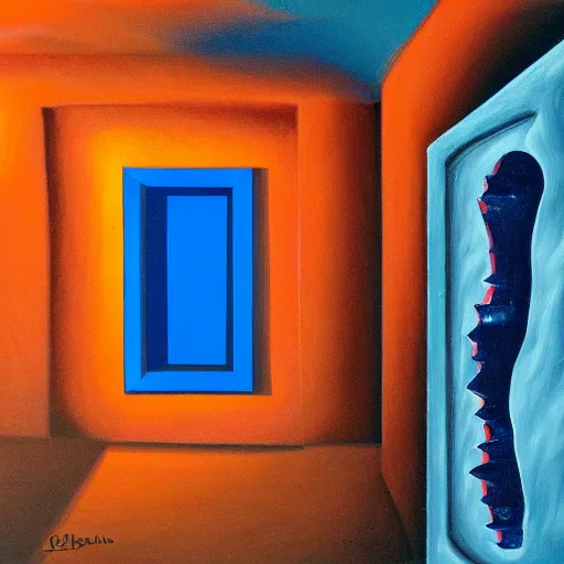 Prompt: surrealist painting of a door made of teeth in a cavern wall, red lighting with blue shadows