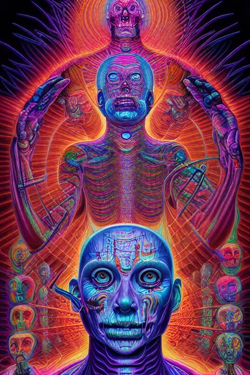 Prompt: digital god of death entity cyberpunk buddhist spiritual techno capitalist psychedelic dmt hyperreal, concept art, cinematic, 3 d models, surrealism, colorful, hyper detail by alex grey and pedro friedeberg and dan mumford