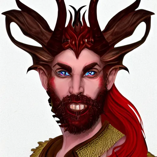 Prompt: dnd portrait of a tiefling, male, red scales, a big black beard, completely golden eyes, 2 long curved horns growing out of his forehead,