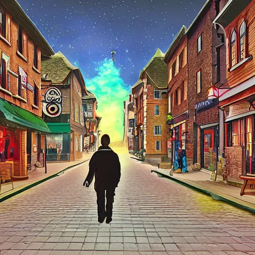 Image similar to time traveler from 2050 walking in a 1700 town, digital art, detailed